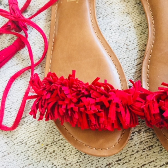 Red Fringe Ankle Tie Sandals | Brash - Picture 3 of 3